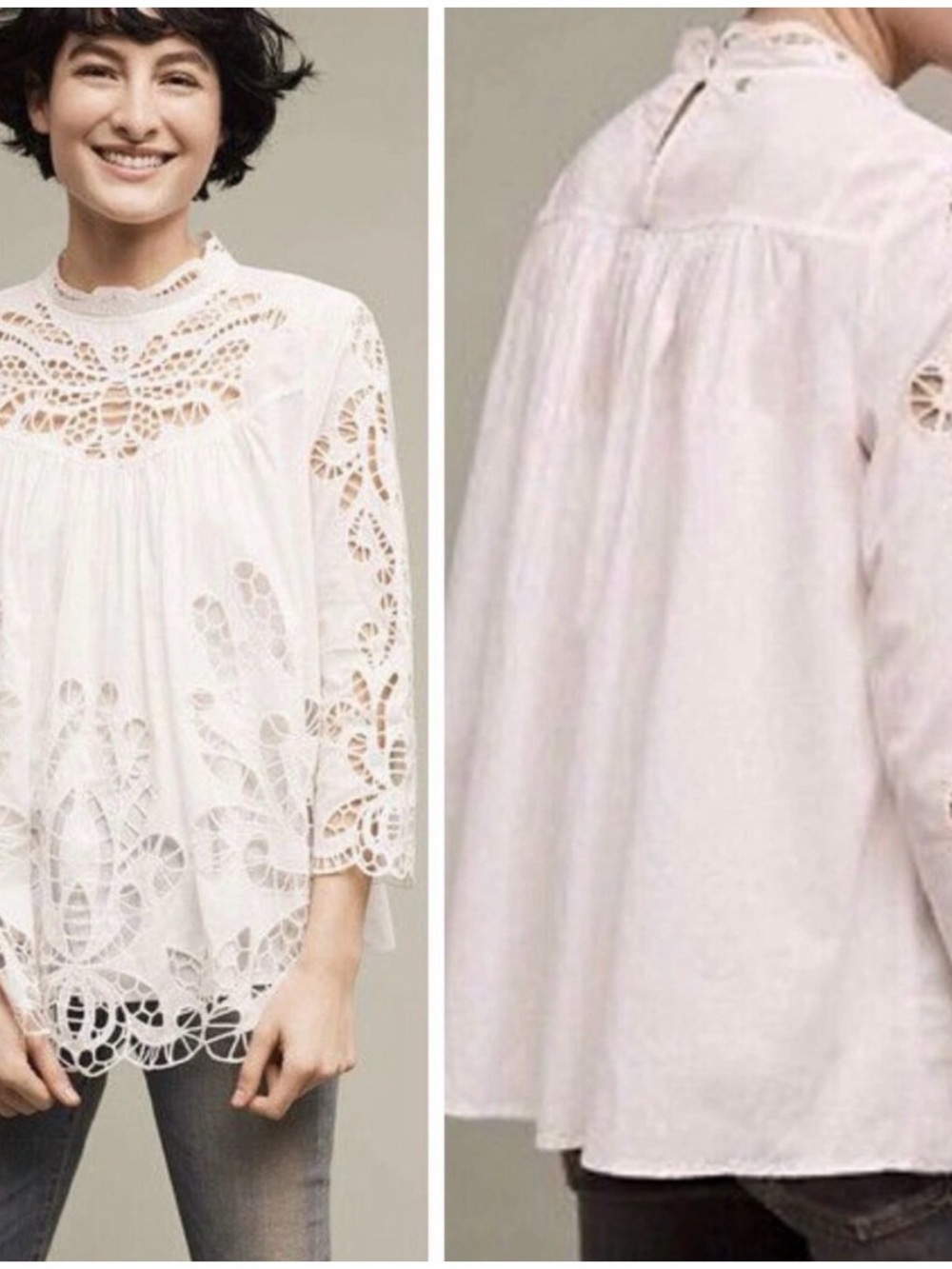 Harlyn White Cotton Cutwork Eyelet Blouse XS — Butterfly Embroidery Victorian